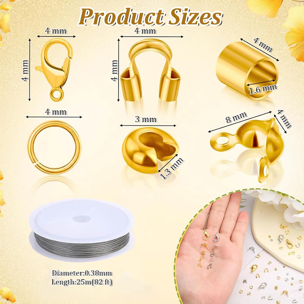 SANNIDHI 1200Pcs Crimp Beads for Jewellery Making Kit, Includes Gold Silver Bracelet Clasps and Closures, Crimp Covers/Tubes/Ends, Jump Rings, Pliers, Tweezer & Beading Wires for DIY Necklace Jewelry
