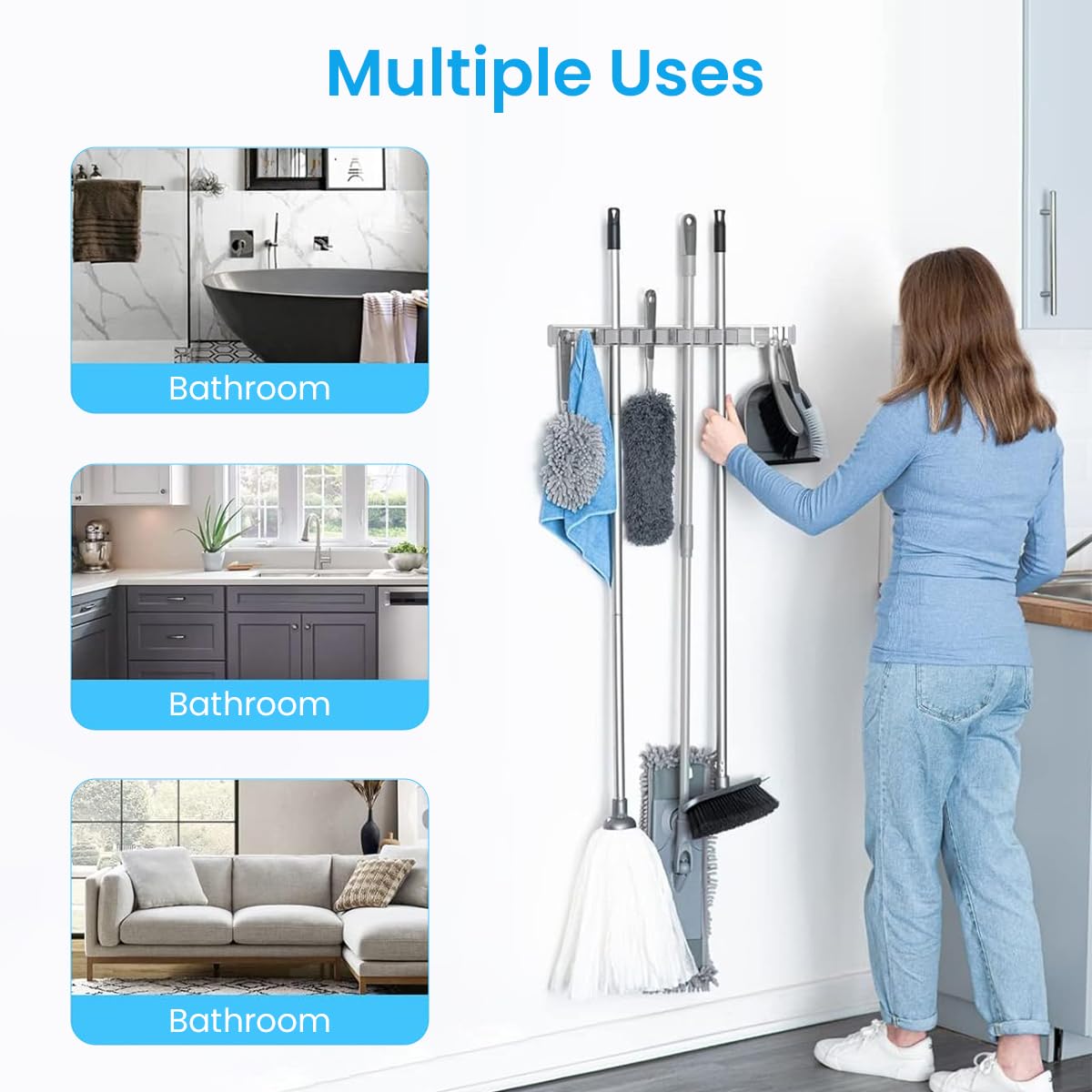 HASTHIP Wall Mounting Mop Broom Holder 4 Slots & 5 Hooks Space Aluminum Broom Organizer Nail-Free Installation Mop Holder for Home, Office, Storage Rooms, Bathroom, Cleaning Room