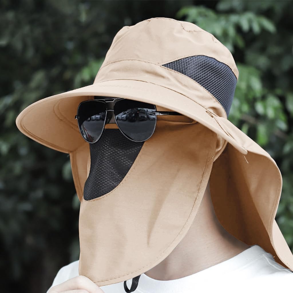 GUSTAVE Wide Brim Bucket Hat 360 Degree UV-Protection Sun Hat with Neck Flap & Removable Face Cover Outdoor Unisex Sun Hat with Chin Strap, Breathable Sun Hat for Hiking, Fishing, Gardening, Beige