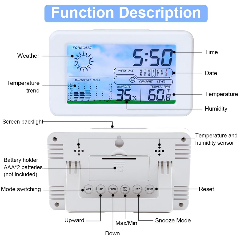 HASTHIP LCD Digital Thermometer Hygrometer Backlight LCD Digital Temperature Battery Operated Hygrometer with Weather Stataion, Alarm Clock, Desk Thermometer Hygrometer for Home, Office