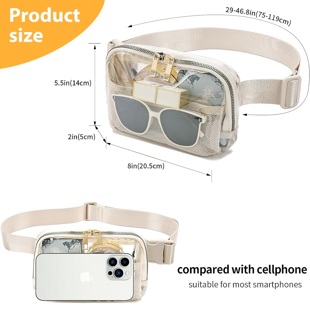 Proberos Belt Bag Stadium Approved for Women Men with Adjustable Strap Water-resistant Waist bag Clear Purse for Travel Workout Running Hiking(Beige)