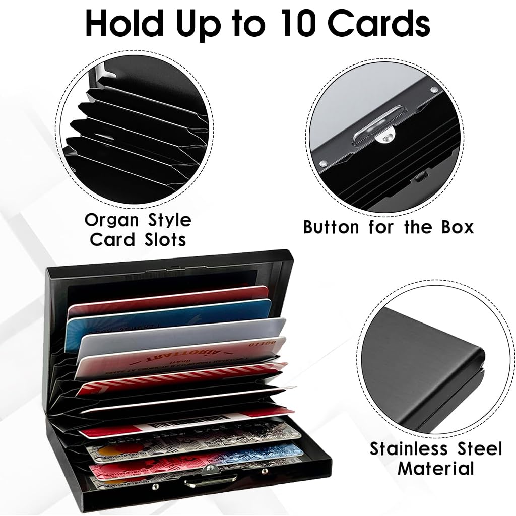 ZIBUYU Slim Card Holder Metal Stainless Steel Card Holder with Snap Lock 10 Card Slots Design Safe RFID-Blocking Credit Cards Holder Organizer Card Bag Business Card Holder Gift for Men, 10x7.5x2.5cm