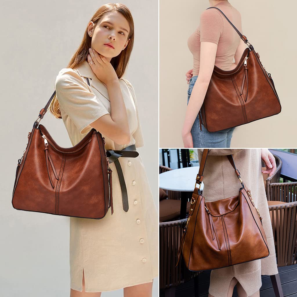 ZIBUYU Tote Handbag for Women Fashion Faux Leather Tote Bag Classic Shoulder Crossbody Bags for Lady Girl Solid Color Brown