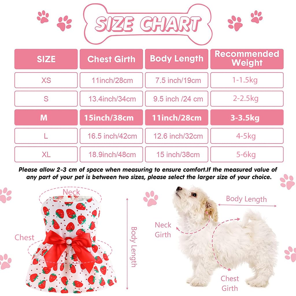 Qpets Summer Female Dog Dress for Small Dogs Kitten Dog Clothes Clothing Cute Strawberry Bow Print Princess Dress for Puppies, Kittens, Chihuahua, Maltese, Pug, Papillon(Suitable for 3-3.5kg)
