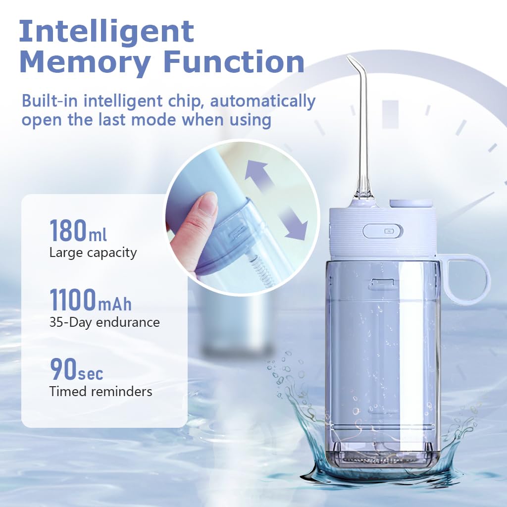 HANNEA Rechargeable Water Dental Flosser Retractable 180ml Dental Cleaner High Frenquency Water Dental Flosser with 3 Modes, 5 Jet Tips, 90s Timing Function, IPX7 Waterproof Water Dental Cleaner