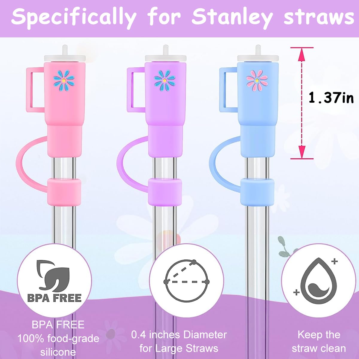 HASTHIP 5PCS Straw Cover Cap, Straw Protectors with Handle, Cute Silicone Straw Topper for 10mm Diameter Cup Accessories