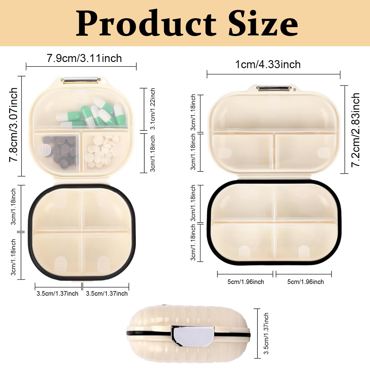 HANNEA 2 Pack Travel Pill Organizer, 7 Compartments Moisture Proof Pill Holder Daily Medicine Organizer Box Small Pill Case for Vitamin Supplement Pocket Pharmacy Pill Box (S+L)