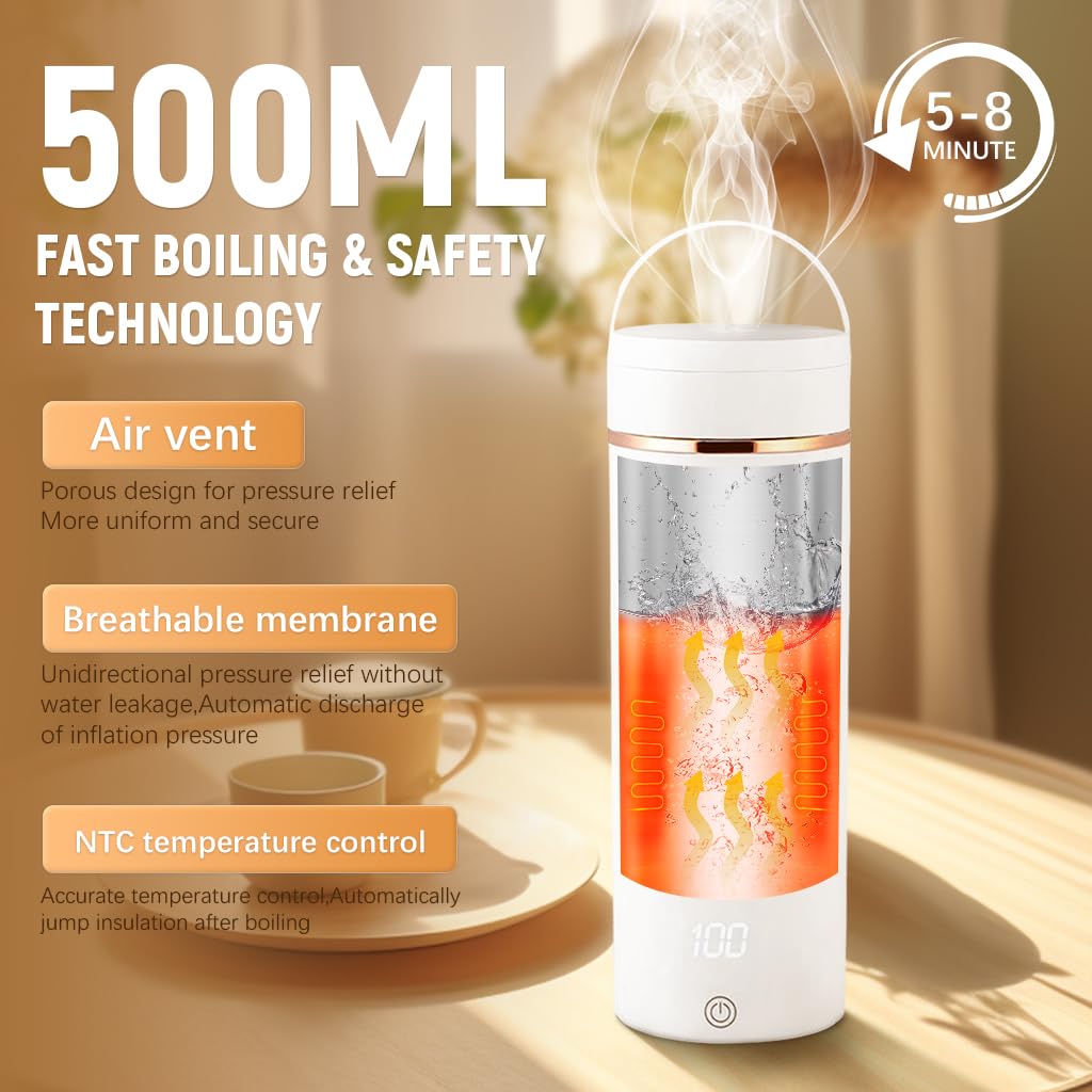 Supvox 500ml Travel Electric Water Kettle with Folding Handle 304 Stainless Steel Thermal Liner Electric Water Kettle with 6 Temperature Adjustment & LCD Temp Display One Button Control