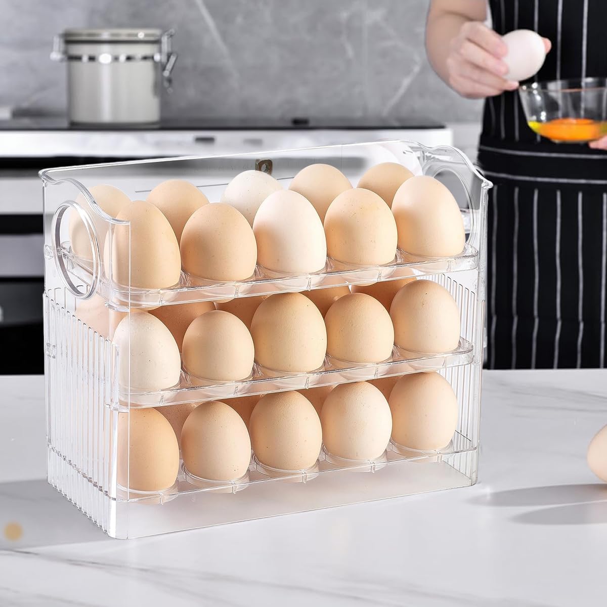 Supvox Egg Tray for Refrigerator, 30 Egg Storage Container, 3 Layer Egg Storage Container for Refrigerator Side Door, Large Capacity Egg Container, Clear Acrylic Egg Organizer, 26 * 10 * 20cm