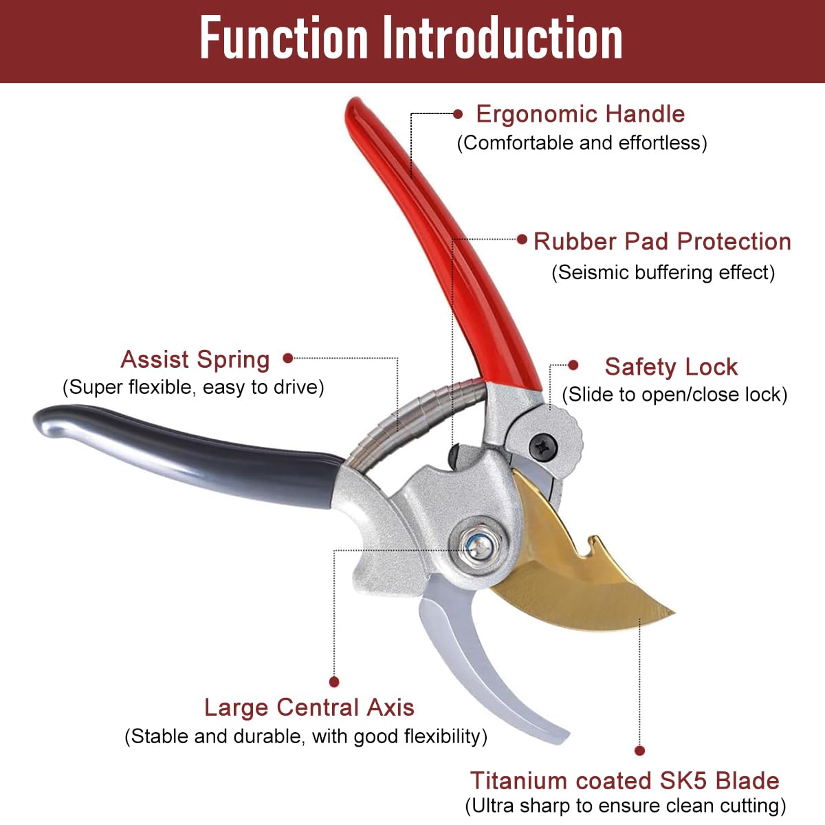 HASTHIP Gardening Bypass Pruner 7.8 Inches SK5 Steel Hand Pruner with Safety Lock Anti-slip Rubberized Handle Design Spring Loaded Labor Saving Bypass Pruner for Shrubs, Flowers, Fruit Trees