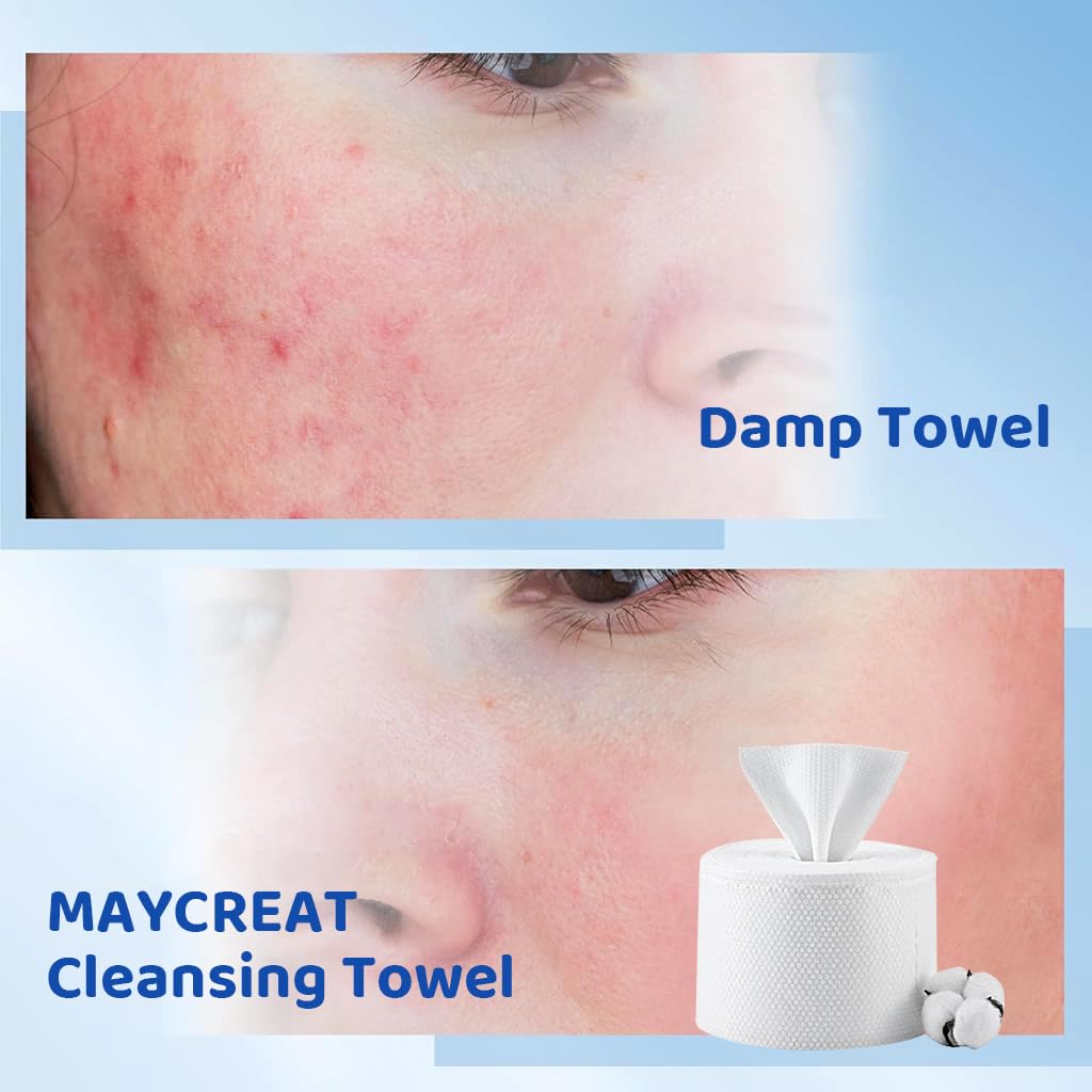 MAYCREATE Disposable Face Towel, 50 Count 100% Cotton Ultra-Soft Quick-Dry Facial Tissue, Gentle for Sensitive Dry Oily Skin, Facial Towels for Daily Cleansing Makeup Removal