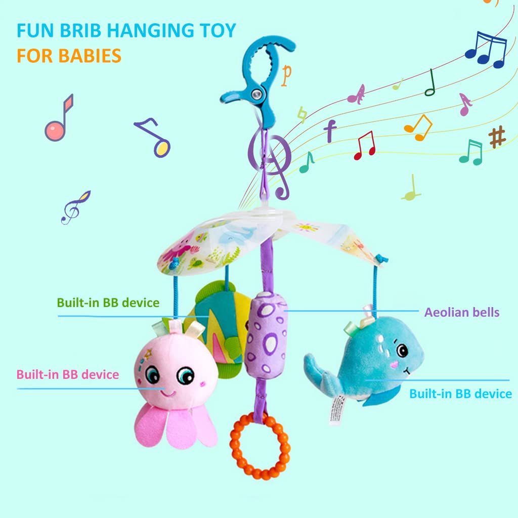 PATPAT Hanging Toys for Babies 0-6 Months, New Born Baby Toys Rattle Crinkle Soft Toys Car Seat Plush Stroller Toy with Teethers Plush Animal C-Clip Ring for Infant Babies 3 6 9 to 12 Months - Ocean
