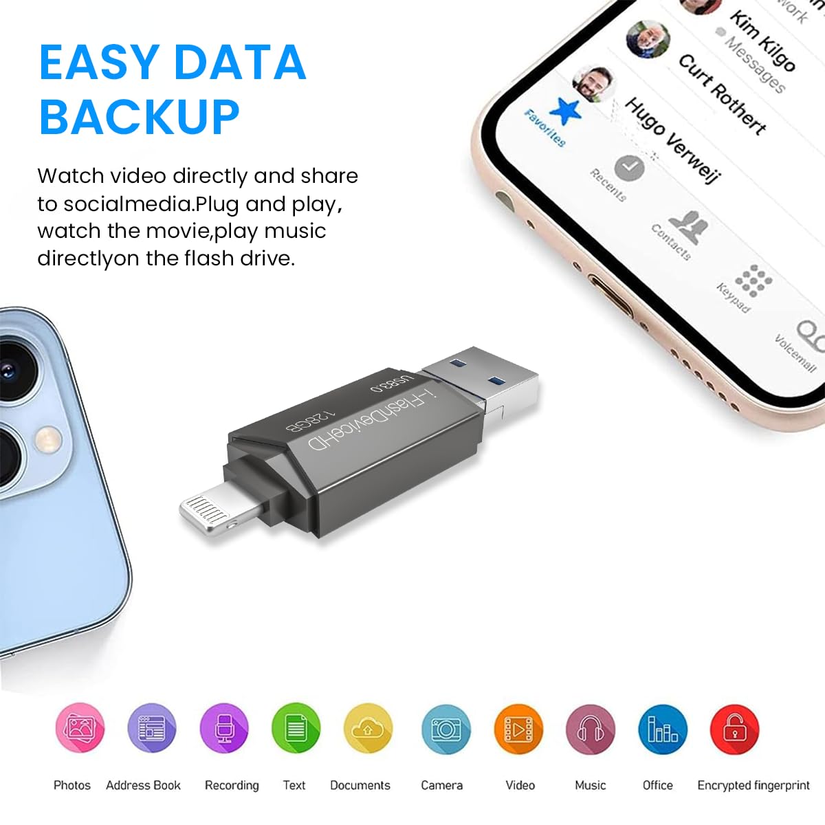 Verilux Pendrive 128GB, 3-in-1 128GB Flash Drive with Light-ning, USB3.0, Micro USB High Speed Memory Stick Thumb Drives External Storage Compatible with iPhone/iPad/Android/PC