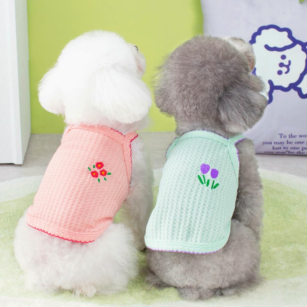Qpets 2 Pack Dog Clothes Lovely Flower Embroidery Clothes Pink & Mint Green Summer Breathable Cotton Dog Vest Stretchy Dog Clothes Sleeveless for Small Dogs, Cat (Size: L, Pink+Green)