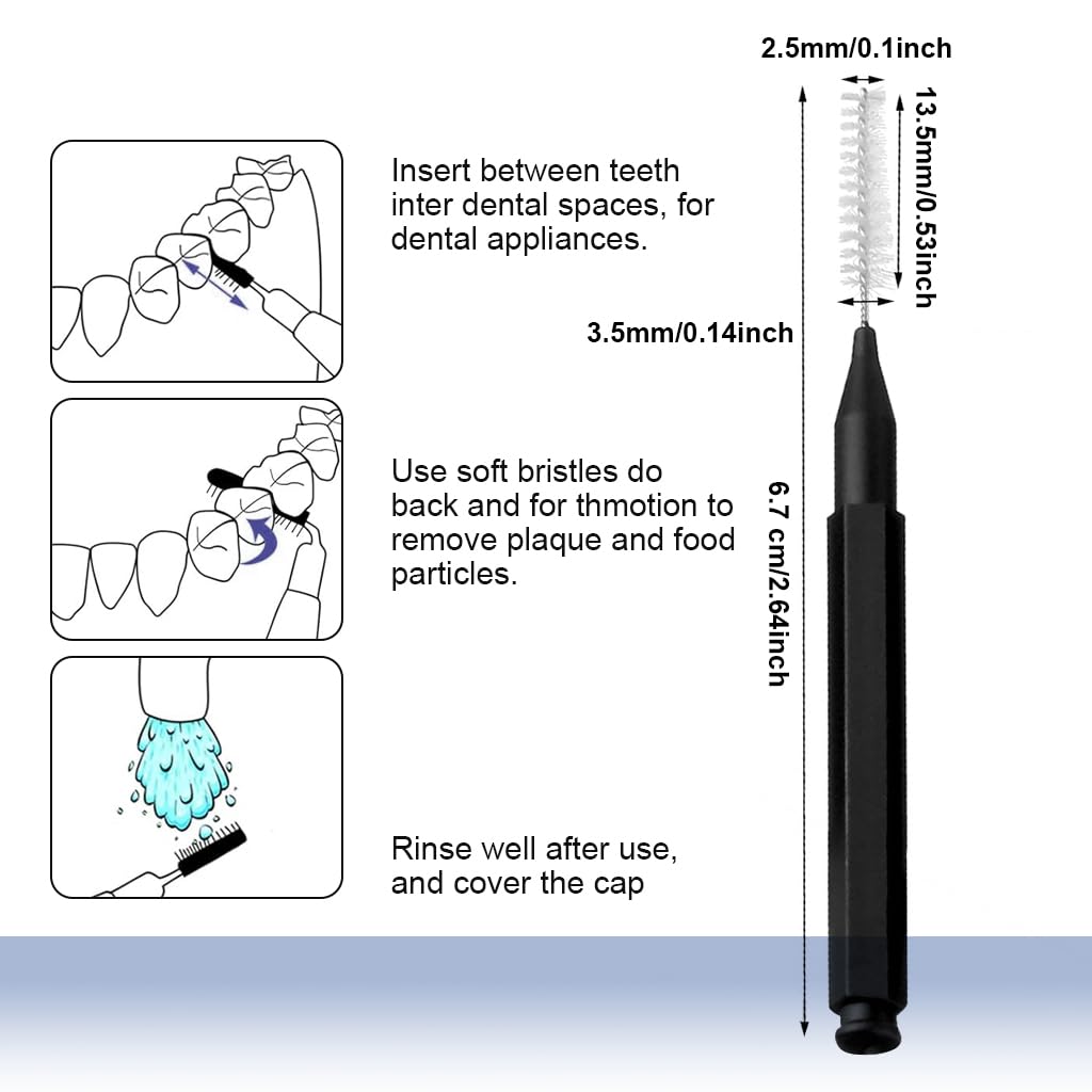 HANNEA 25Pcs Braces Brush for Cleaner Interdental Brush, 2.5mm Toothpick Dental Tooth Flossing Head Oral Dental Hygiene Flosser Toothpick Cleaners Tooth Cleaning Tool, Black