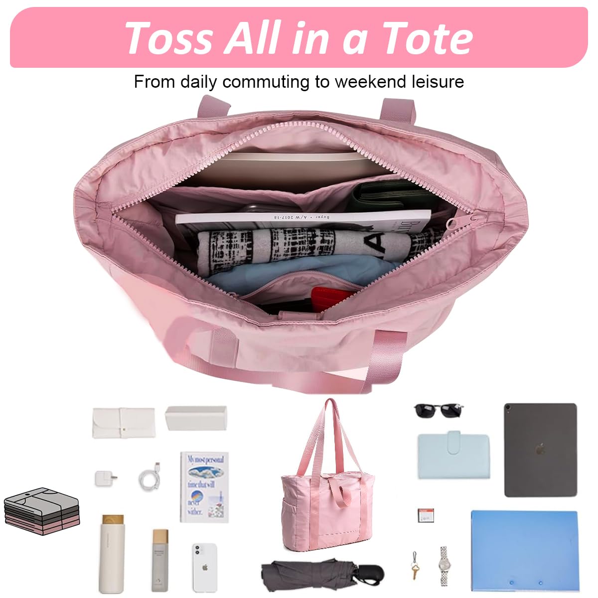 PALAY Casual Shoulder Bag Hand Bag with Zip-up Closure Tote Bag for Women Fashion Pink Nylon Gym Bag with Yoga Mat Buckle Fashion Lightweight Carry On Bag for Fitness, Travel, Work, 39x15.5x31cm