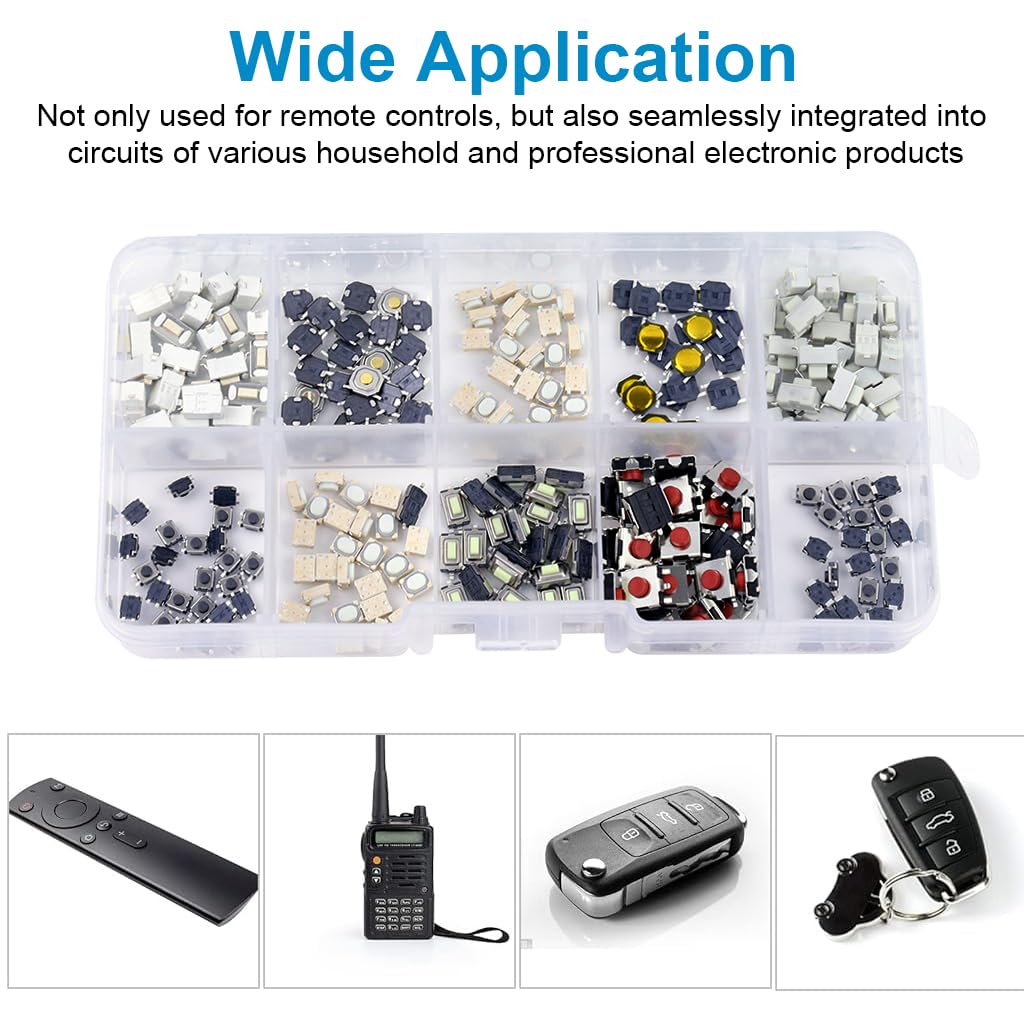 Serplex 250pcs Push Button Switches Push Button Switch On Off Replacement Remote Control Button Replacements for Repairing with 10 Designs Micro Push Button Replacements with Box