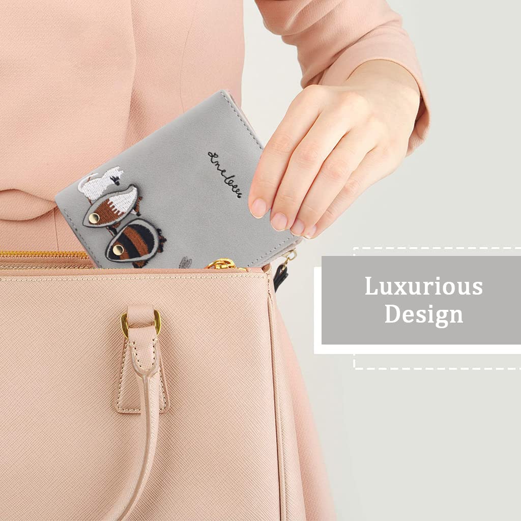 SANNIDHI Small Wallets for Women, Cute Mini Animals Embroidery, Short Wallet Card Holder Billfold Purse Wallet Gift for Girls (Grey)