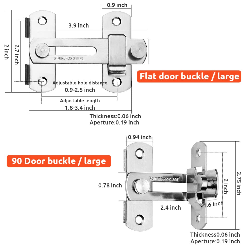 HASTHIP 2 Pcs Cupboard Lock Stainless Steel 90° Door Buckle Bolt Barn Door Lock Right Angle Latches Bar Latch Safety Door Lock for Door, Fence, Cabinet, Chicken Coop, 2.4 inch