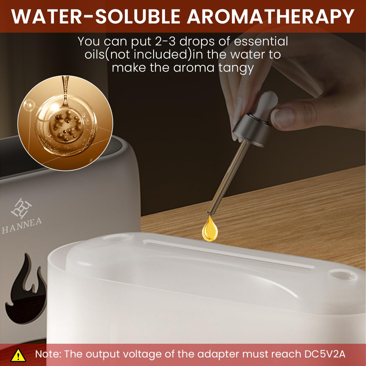 HANNEA Humidifier for Room Oil Aroma Diffuser Electric 200mL Aromatherapy Essential Oil Diffuser with Flame Light, Quiet Mist Humidifiers with Auto Shut-Off Protection for Home, Bedroom, Office