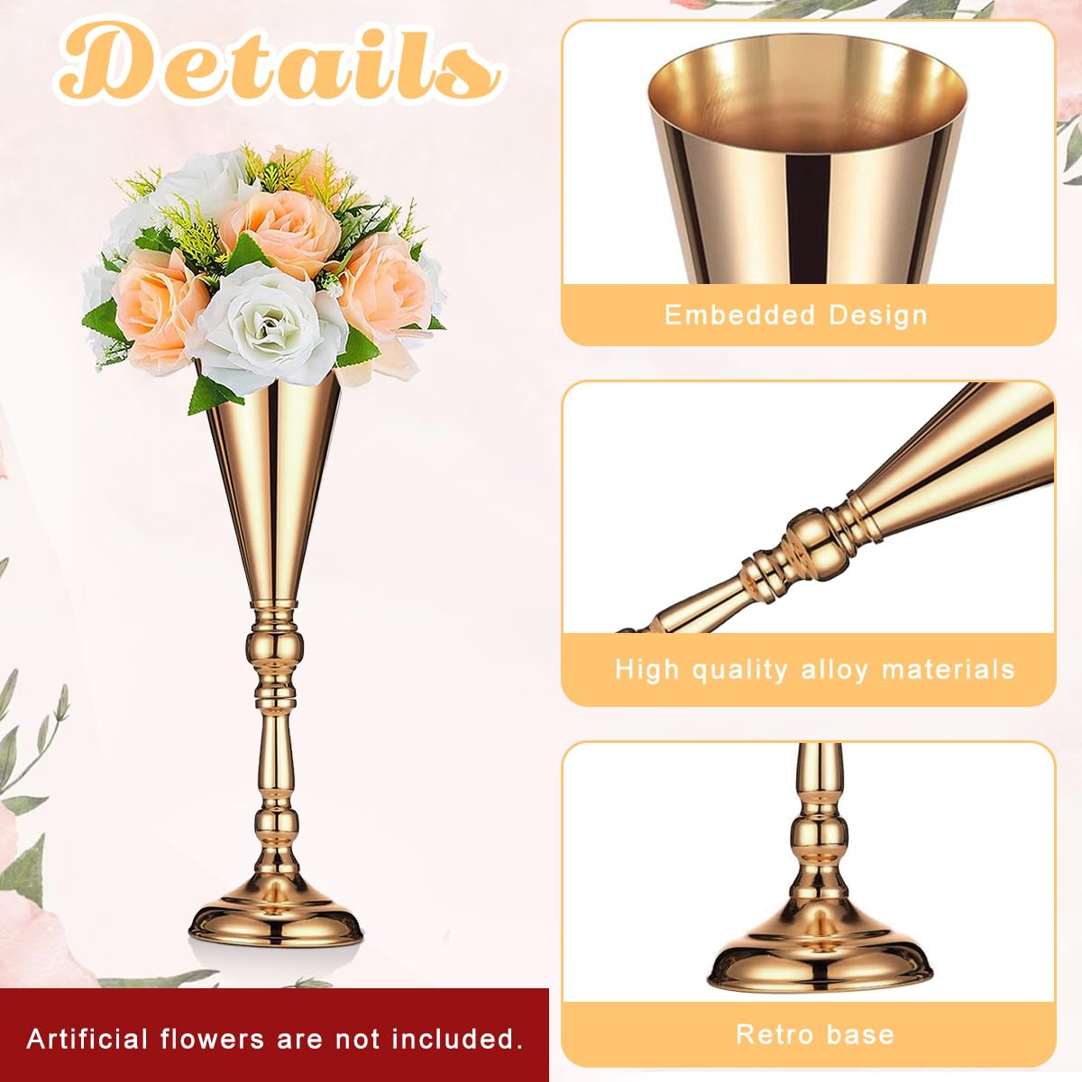 HASTHIP 2Pcs Tabletop Metal Wedding Flower Trumpet Vase -Wedding Centerpiece Flower Vase, 16.5 Inches Luxury Golden Metal Flower Holder Vase for Dining Table Decoration, Wedding, Party, Home Decor