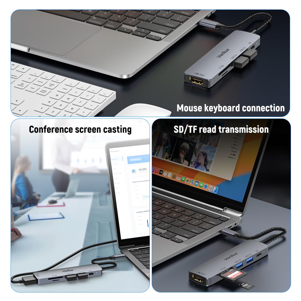 Verilux 6-in-1 USB C HUB with one USB C PD100W Fast Charging Port,