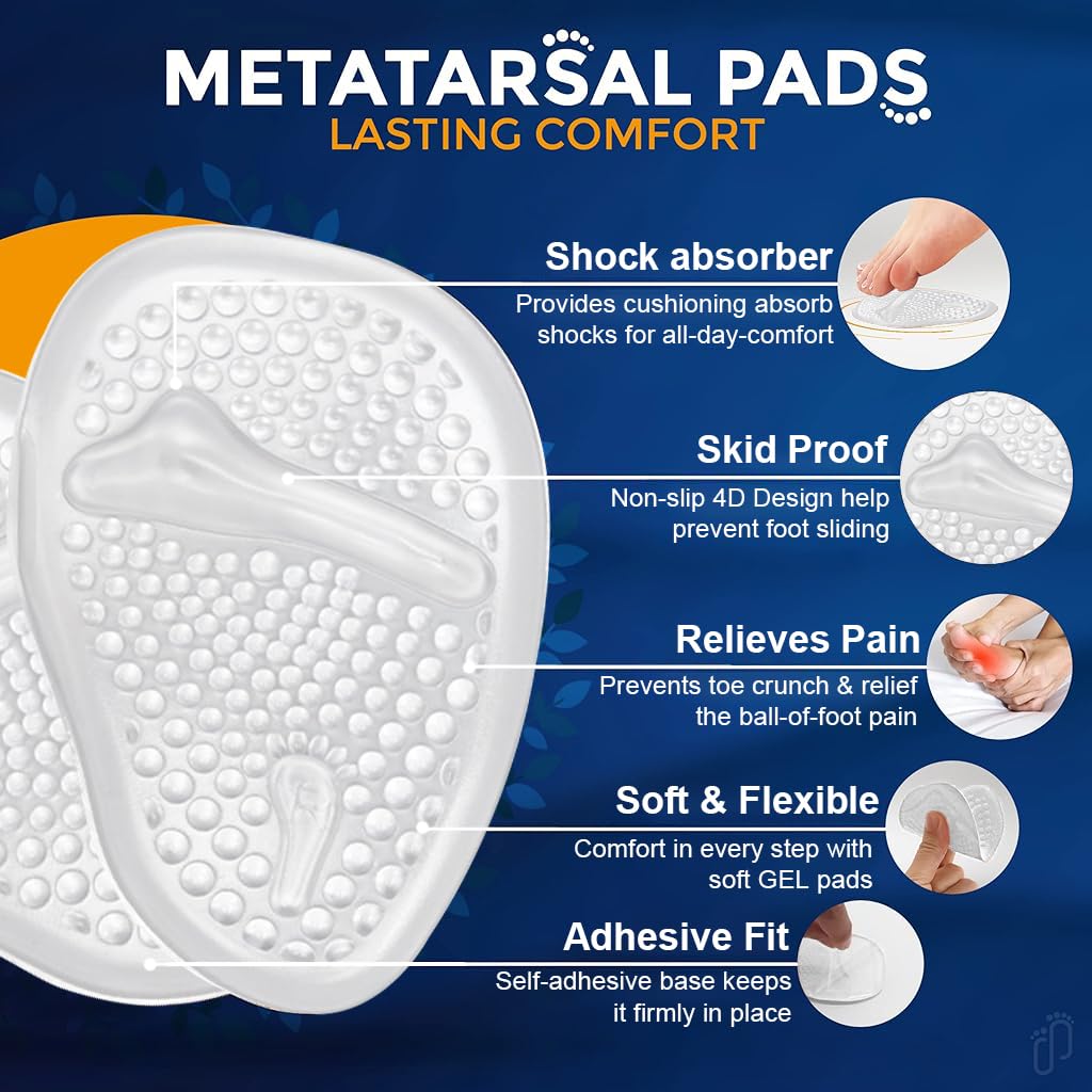 PALAY Metatarsal Pads for Women, Men Anti Slip Soft Gel Insole Pads Ball of Foot Cushion Pad for Heels, Shoes Metatarsal Pads for Toes Pain Metatarsalgia Dancer Foot Support for High Heels - 2 Pair