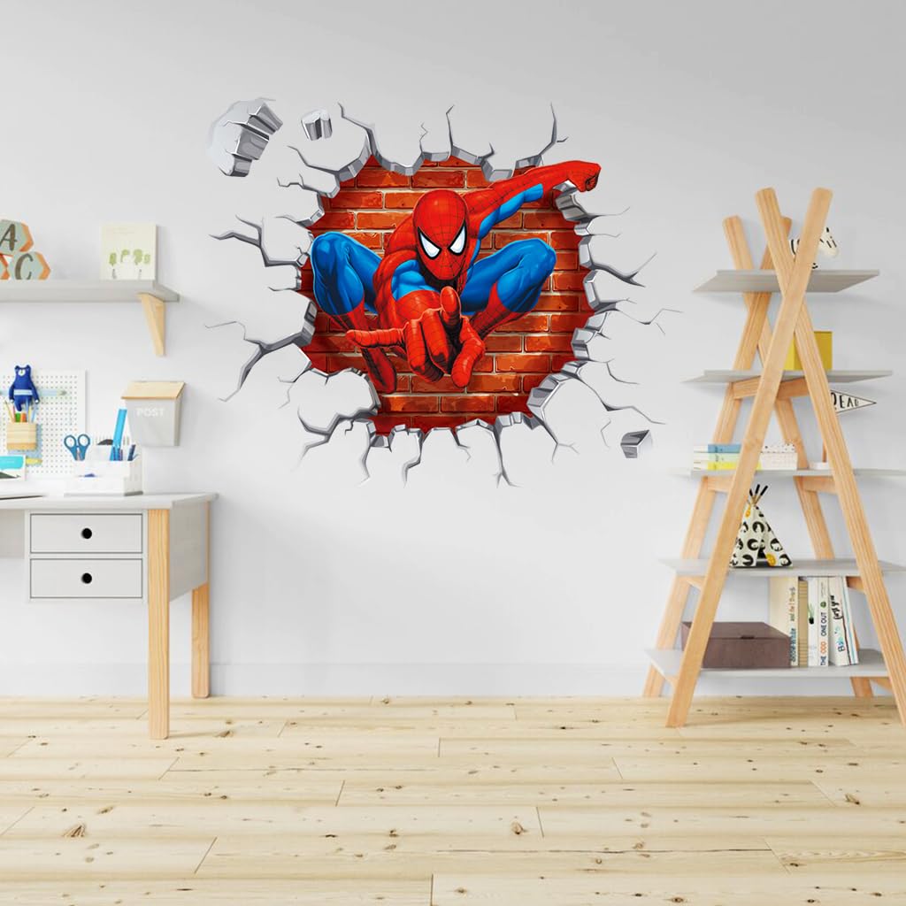 HASTHIP 1 Sheet 3D Wall Paper Sticker Superhero Spiderman 3D Wall Paper Self Adhesive PVC Wall Paper Removable Cartoon 3D Wall Paper for Kids Room, Bed Room, Living Room, 19.6 x19.6 inches