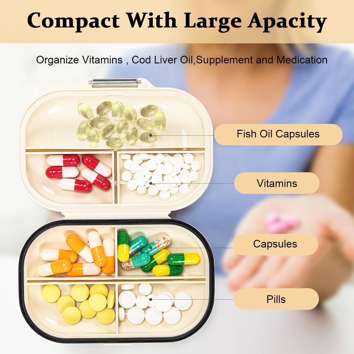 HANNEA 2 Pack Travel Pill Organizer, 7 Compartments Moisture Proof Pill Holder Daily Medicine Organizer Box Small Pill Case for Vitamin Supplement Pocket Pharmacy Pill Box (S+L)