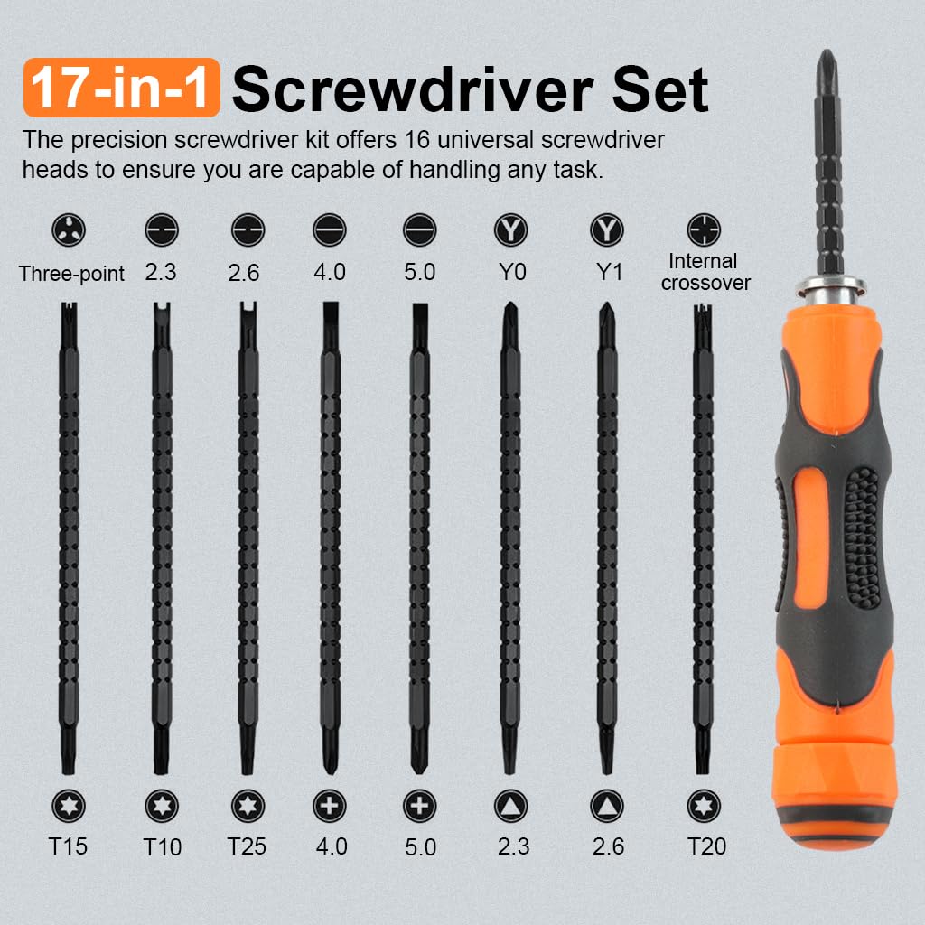 Serplex Specialized Screwdriver Set 16 Chrome Vanadium Steel Screwdriver Bits Long Shank Screwdriver Bits Rubberized Handle Screwdriver Repairing Tool for Electric Appliance, PC, Tablet
