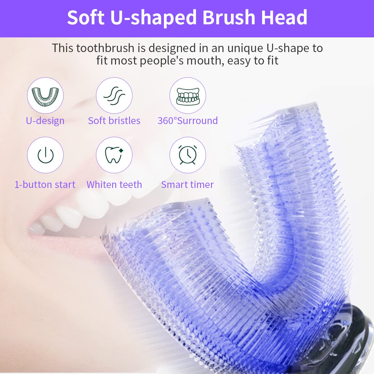 HANNEA Ultrasonic Teeth Cleaner Electric Toothbrush U Shaped Toothbrush for Adults with 3 Cleaning Modes Teeth Whitening Accelerator Electric Toothbrush, Teeth Care Cleaner USB Rechargable