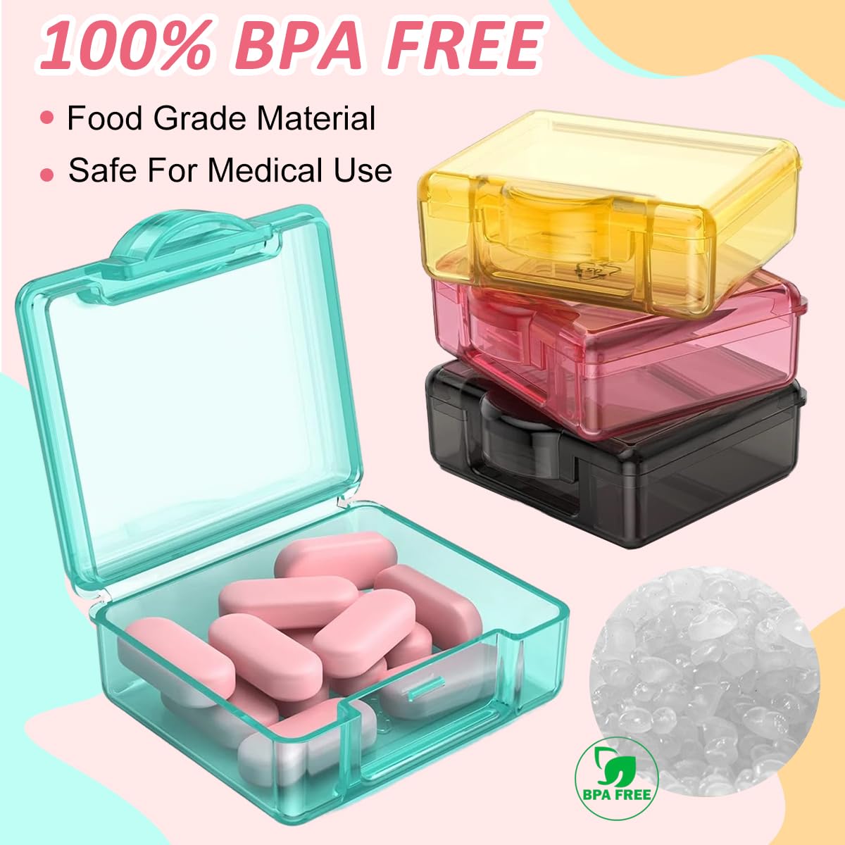 HANNEA 4Pcs Pill Box Portable Pill Box 1.7 Inches Color Square Transparent Pill Box Food Grade PP Travel Pill Box Pill Case Medicine Pill Box for Supplyments, Capsules, Tablets, Fish Oil, Vitamin