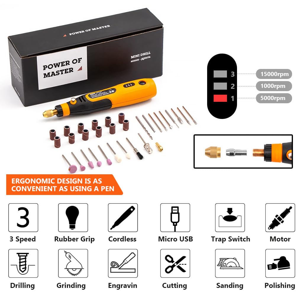 Verilux Cordless Drill Machine, 32pcs Mini Kit, USB Rechargeable 3 Speed Small Drill for Craft, Engraving/Polishing/Grinding/Cleaning, 3.6V