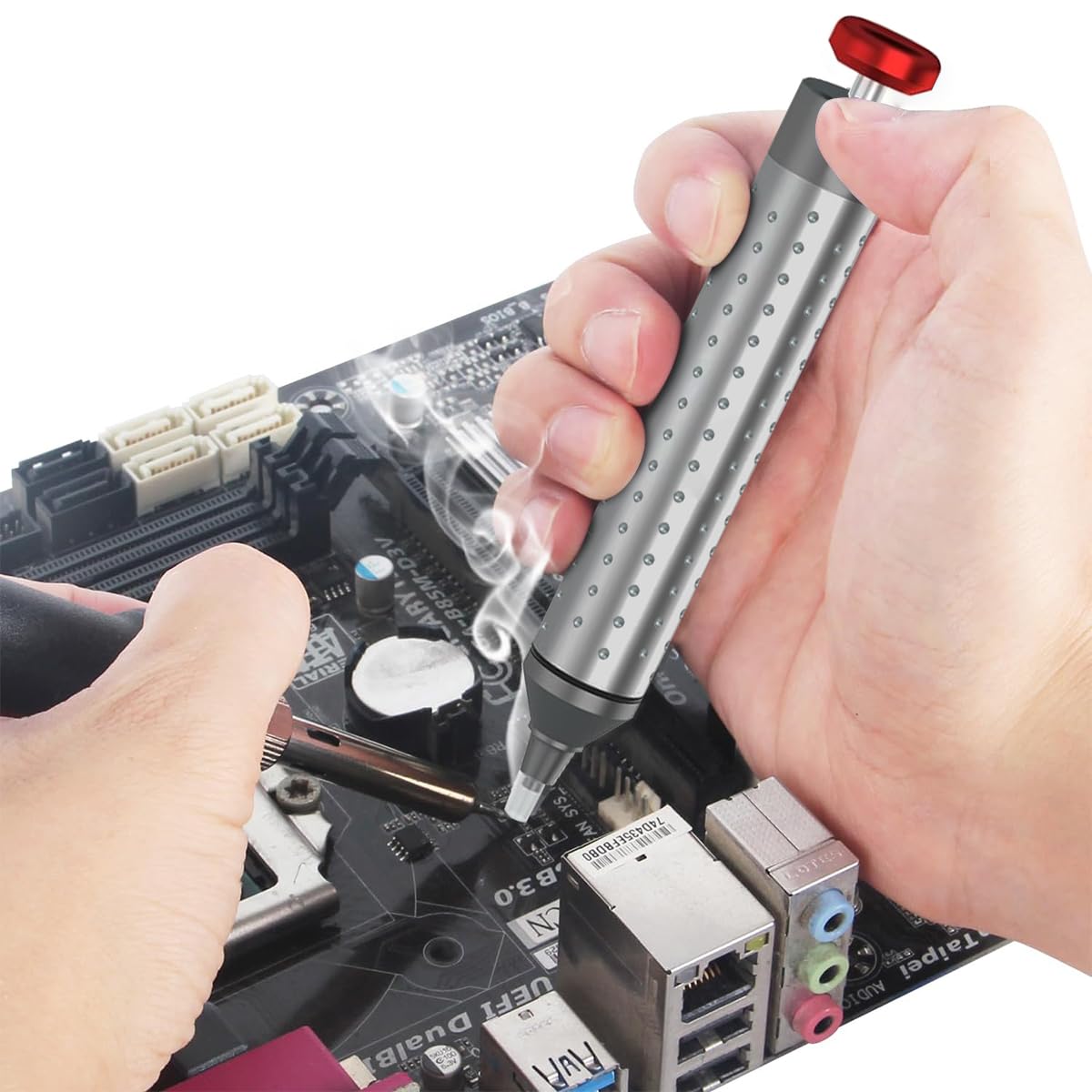 Serplex Solder Sucker Tool with 2Pcs Cuttable Silicone Nozzle Tubes Aluminum Alloy Solder Sucker Sold Removal Tool Manual Vacuum Suction Heat-Resistant Silicone Nozzle Soldering Iron Supplies