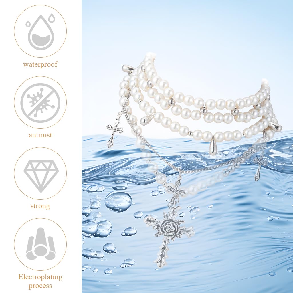 SANNIDHI Chic Necklace for Women Retro Baroque Rose Cross Pendent Layered Pearl Necklace Heavy Duty Faux Pearl Chain Necklace Layed Necklace Punk Rock Style Fashion Necklace