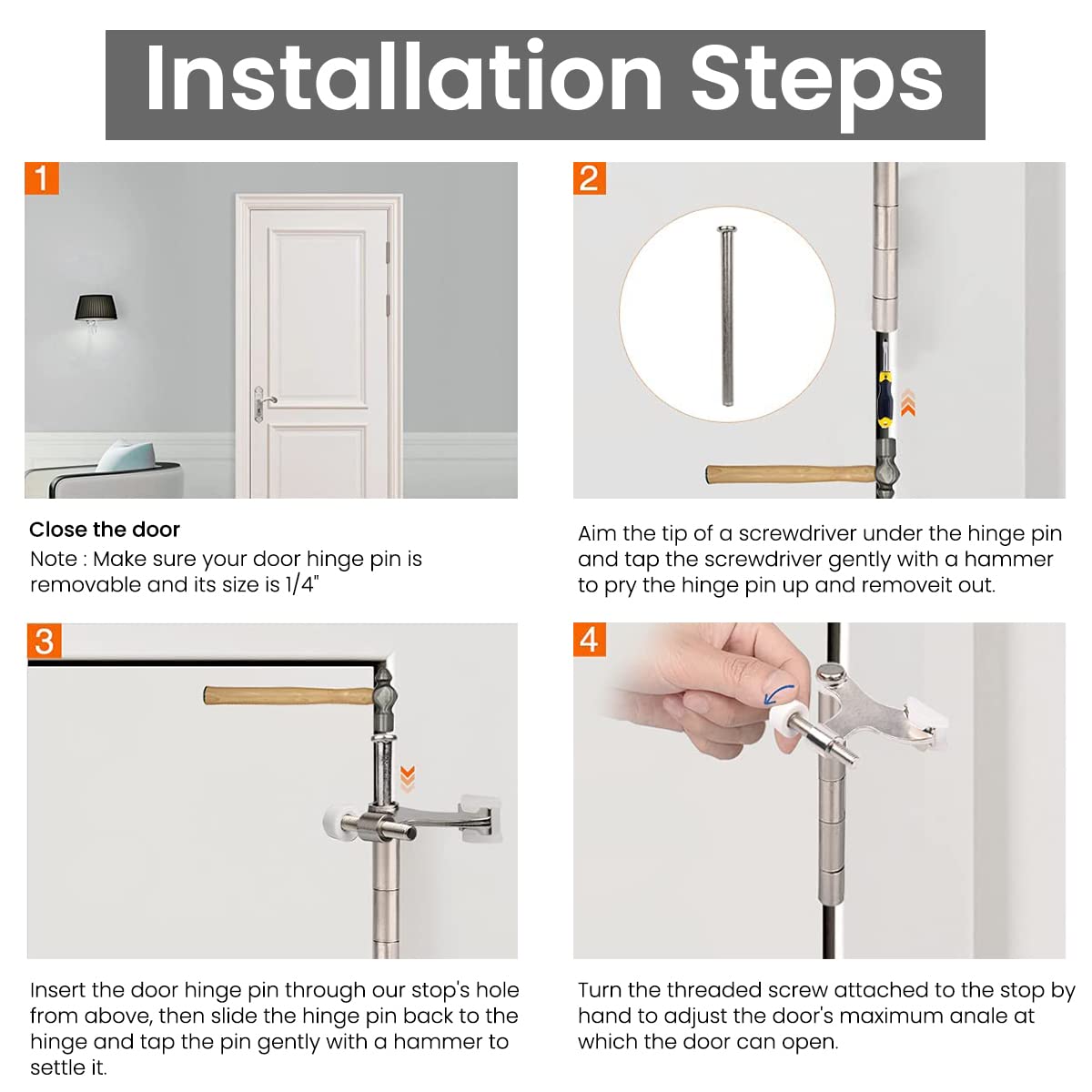 HASTHIP 2pcs Hinge Pin Door Stopper, Adjustable Heavy Duty Hinge Pin Door Stop, 2-1/2