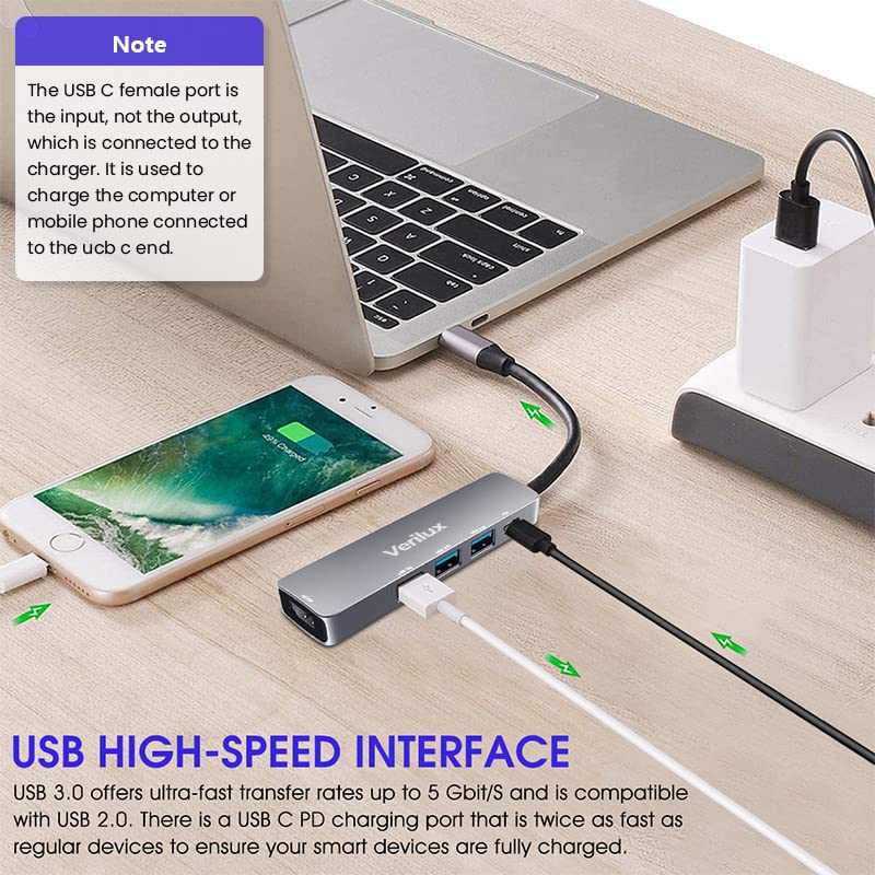 Verilux USB C Hub, 5 in 1 Portable Aluminum USB Hub Type C Hub with 4K HDMI Output, USB 3.0 Ports,USB C 100W PD, Compatible with,MacBook Pro/Air/ipad Pro 2018. More USB C Devices