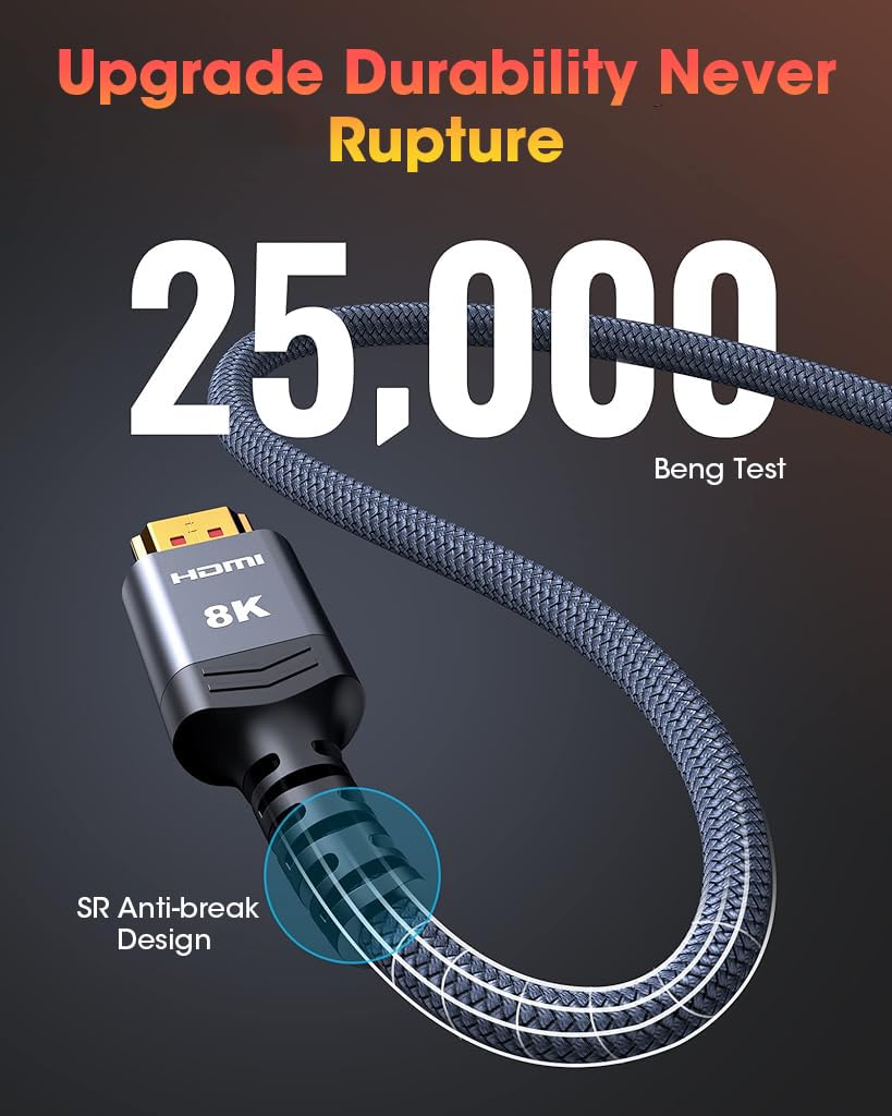 Verilux 8K HDMI Cable Ultra HD HDMI 2.1 Cable Support 8K60hz 4K120hz HDMI to HDMI Cable 9.8ft/3m Nylon Braided HDMI Cable Universal HDMI Cable for TV, Monitor, PS3/PS4, Projector