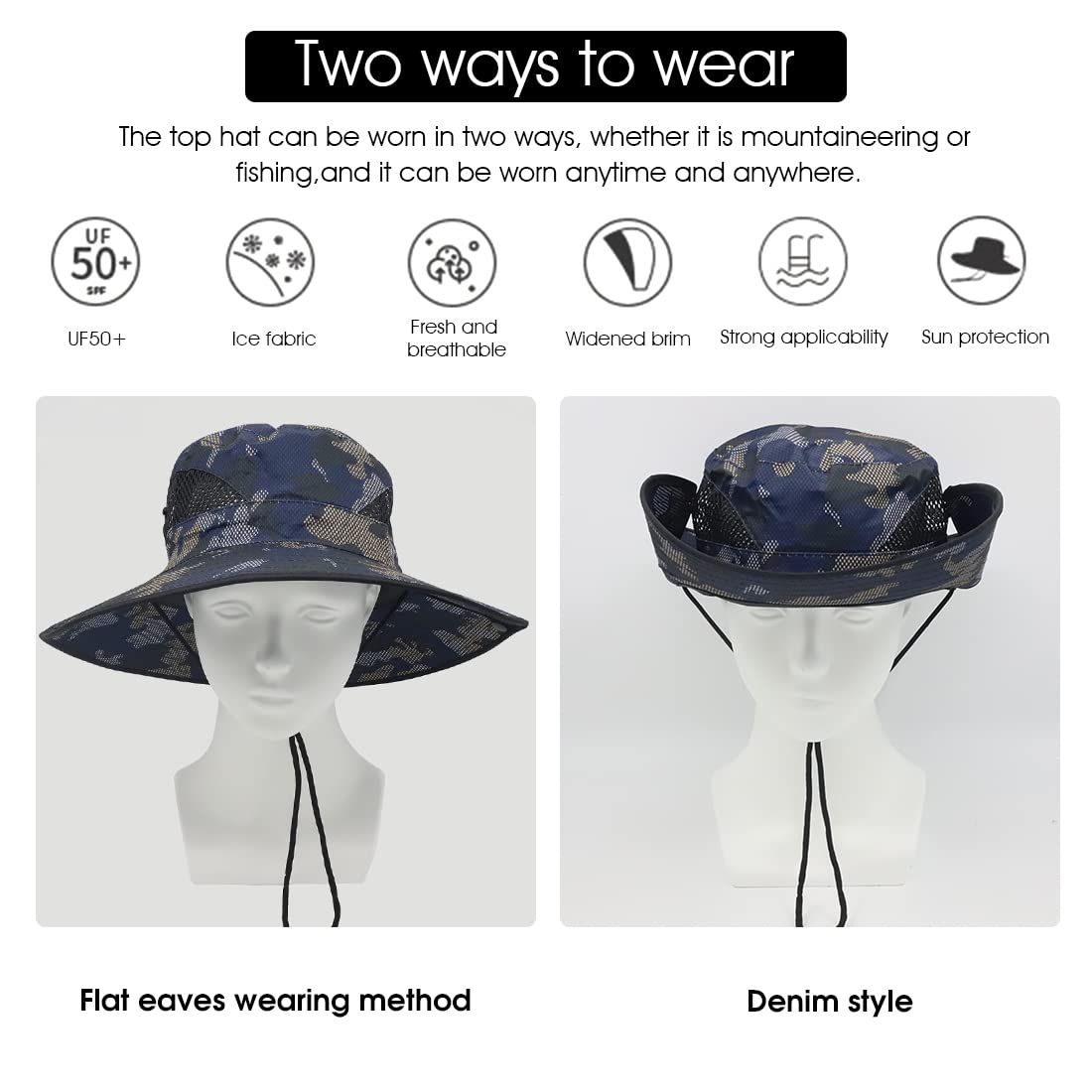 GUSTAVE Wide Brim Bucket Hats, Summer Caps for Men,with Adjustable Chin Strap,Classic Solid Color,Breathable Mesh Caps,Outdoor UV Protection for Summer, Travel,Hiking, Camping (Camouflage)