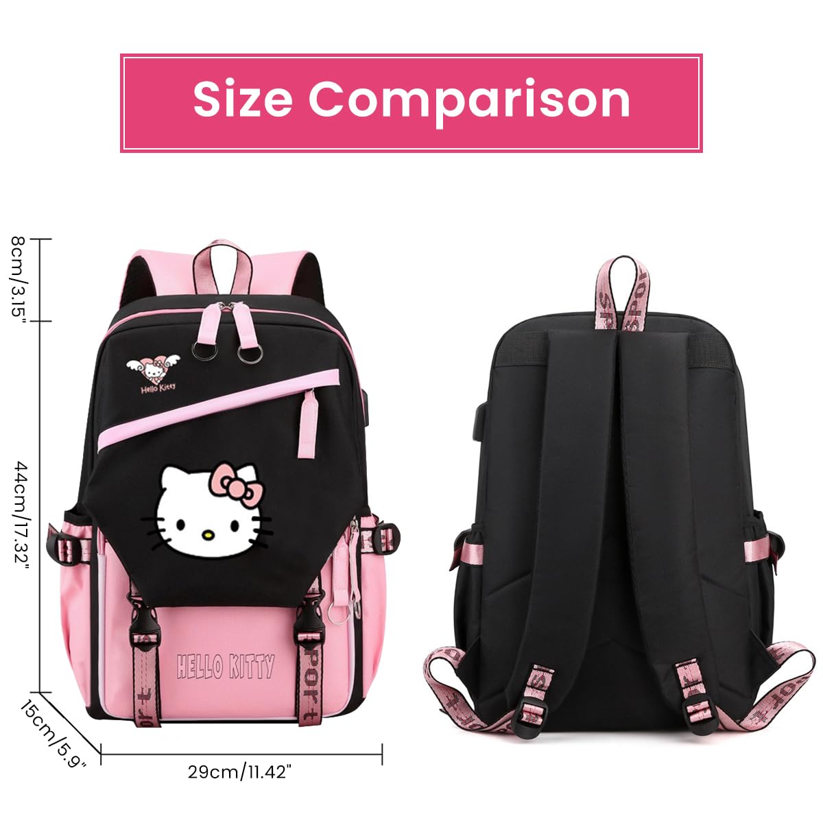 PALAY Hello Kitty Teen Girls Laptop Backpack, Travel School Bag with USB Charging Port and Headphone Jack, Girls Large Backpack 14 Inches Laptop Bag Cartoon Backpack School Gift for Kids (Pink)