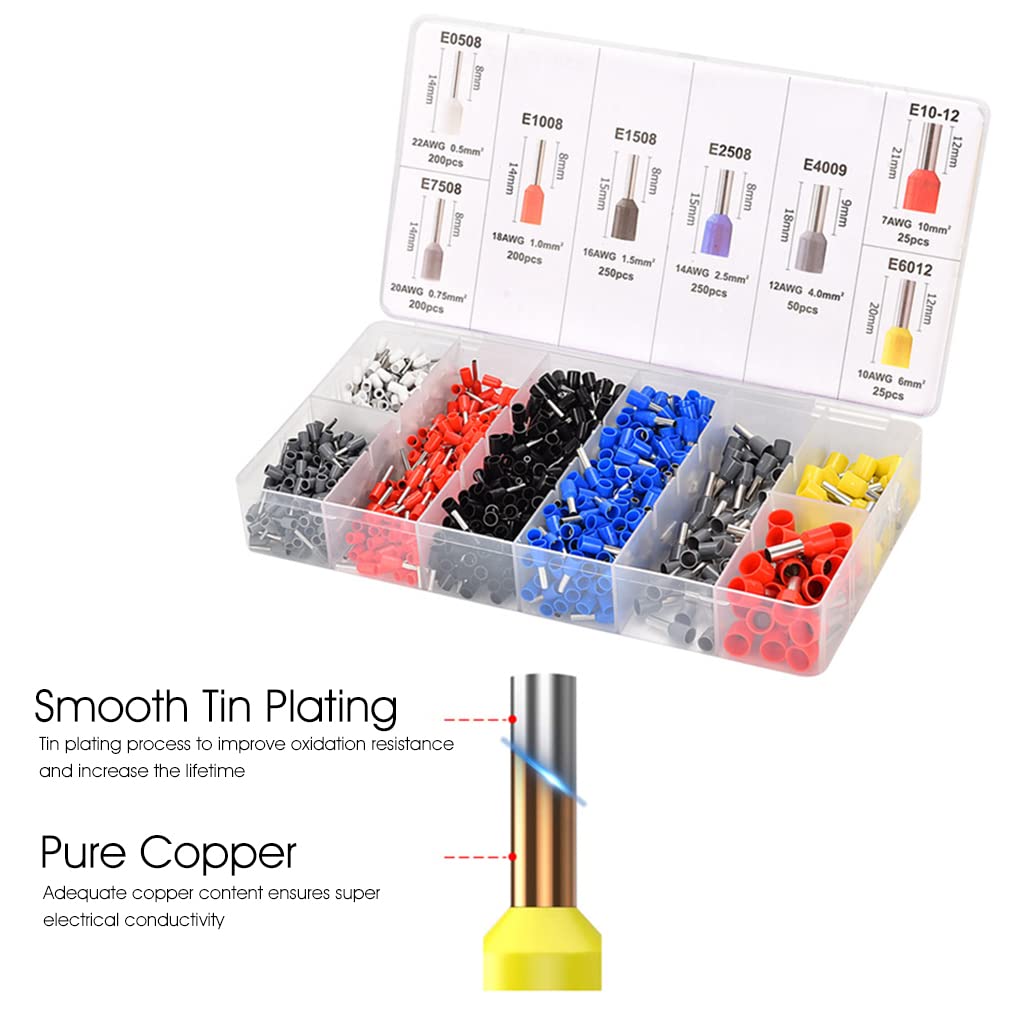 HASTHIP Wire Crimping Tool Kit, Ferrule Crimping Tool, Self Adjusting Square Wire Crimper Plier for AWG23 7 with 1200pcs Assortment Ferrule Wire Copper Crimp Connector, Wiring Cable Connector