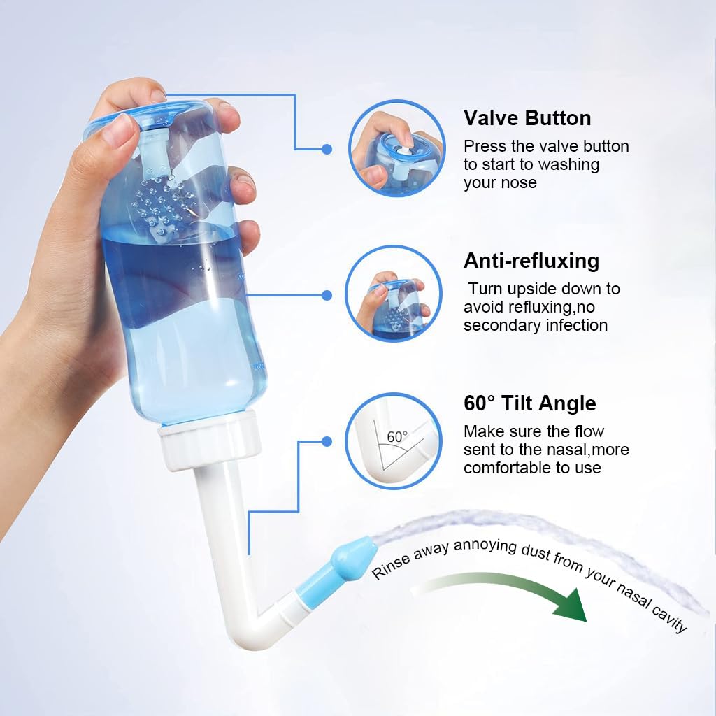HANNEA Neti Pots for Sinus Rinse Bottle Nasal Wash Nasal Irrigation Jal Neti Pot with 2 Nozzles, 40 Nasal Wash Salt & Sticker Thermometer, Nose Cleaner Washing for Adult & Kid Travel Essentials 300ML