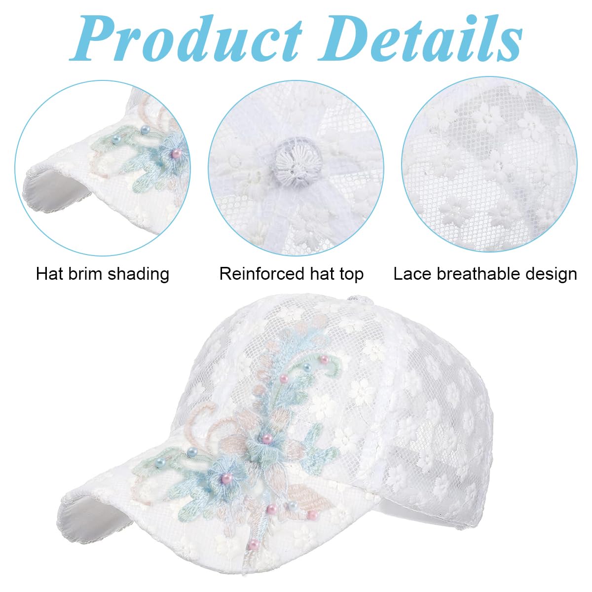 PALAY Lace Cap for Women Summer Flower Embroidery Women Cap Fashion Baseball Cap for Girls Pearl Decor Casual Hat Breathable Lightweight Golf Sport Cap
