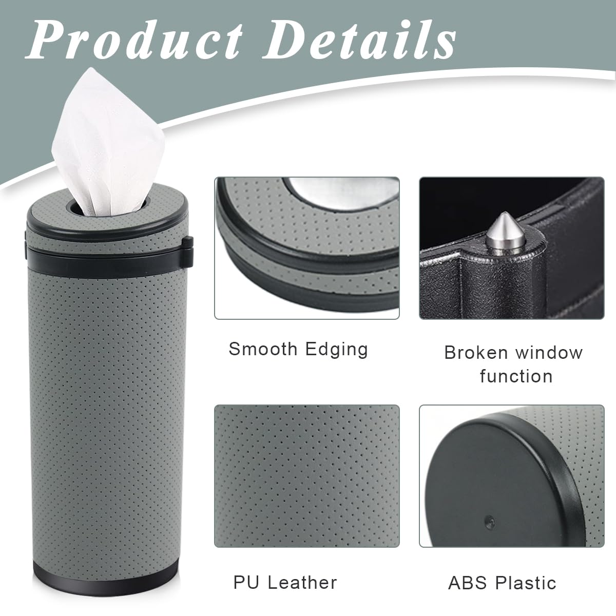STHIRA Car Tissue Box Holder Cylinder 2.63'' PU Leather Tissue Box with Window Breaker Tool, Compact 6.8