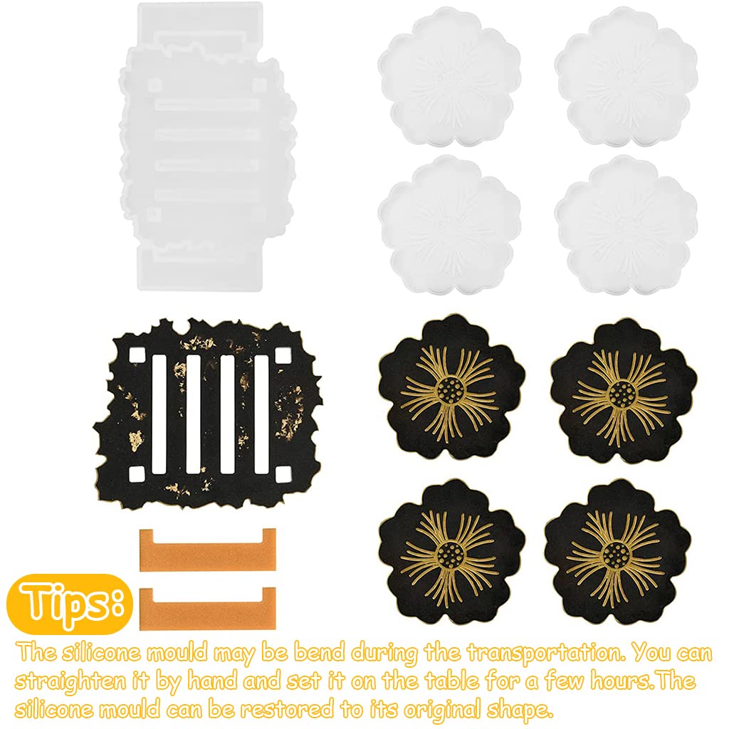 HASTHIP 4 Pcs Resin Moulds with Stand Storage Mould for Make Coaster, Creative Floral Shape Silicone Moulds Epoxy Resin Art Kit for Resin Casting Coasters, DIY Crafts, Home Decor