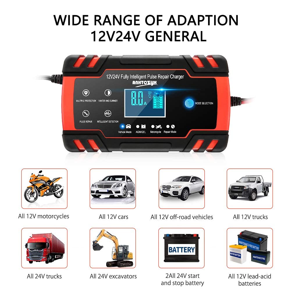 STHIRA Car Battery Charger, Enhanced Edition 8A 12V/4A 24V Car Battery Charger Charges, Automotive Smart Portable Battery Charger Maintainer for Car, Motorcycle, Lawn Mower and More