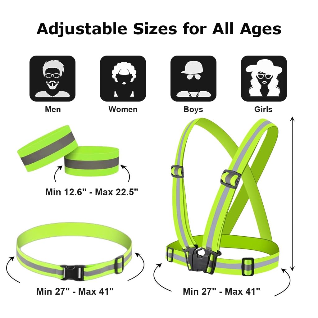 Serplex Safety Vest Reflective Vest Arm Band Set Night Running Green Reflective Vest with Reflective Waist Belt & 2 Arm Band for Cycling, Running, Working, Adjustable Safety Vest for Men Women