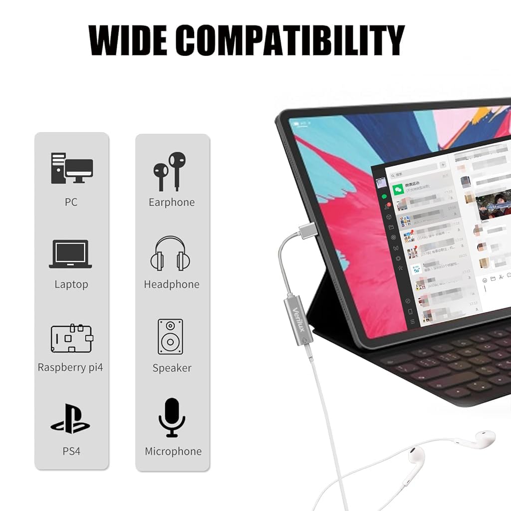 Verilux USB Sound Card USB to 3.5mm Jack Audio Adapter USB External Stereo Sound Adapter Splitter Converter for Windows and Mac, Linux, Compatible with PS4, Headset (Sliver)