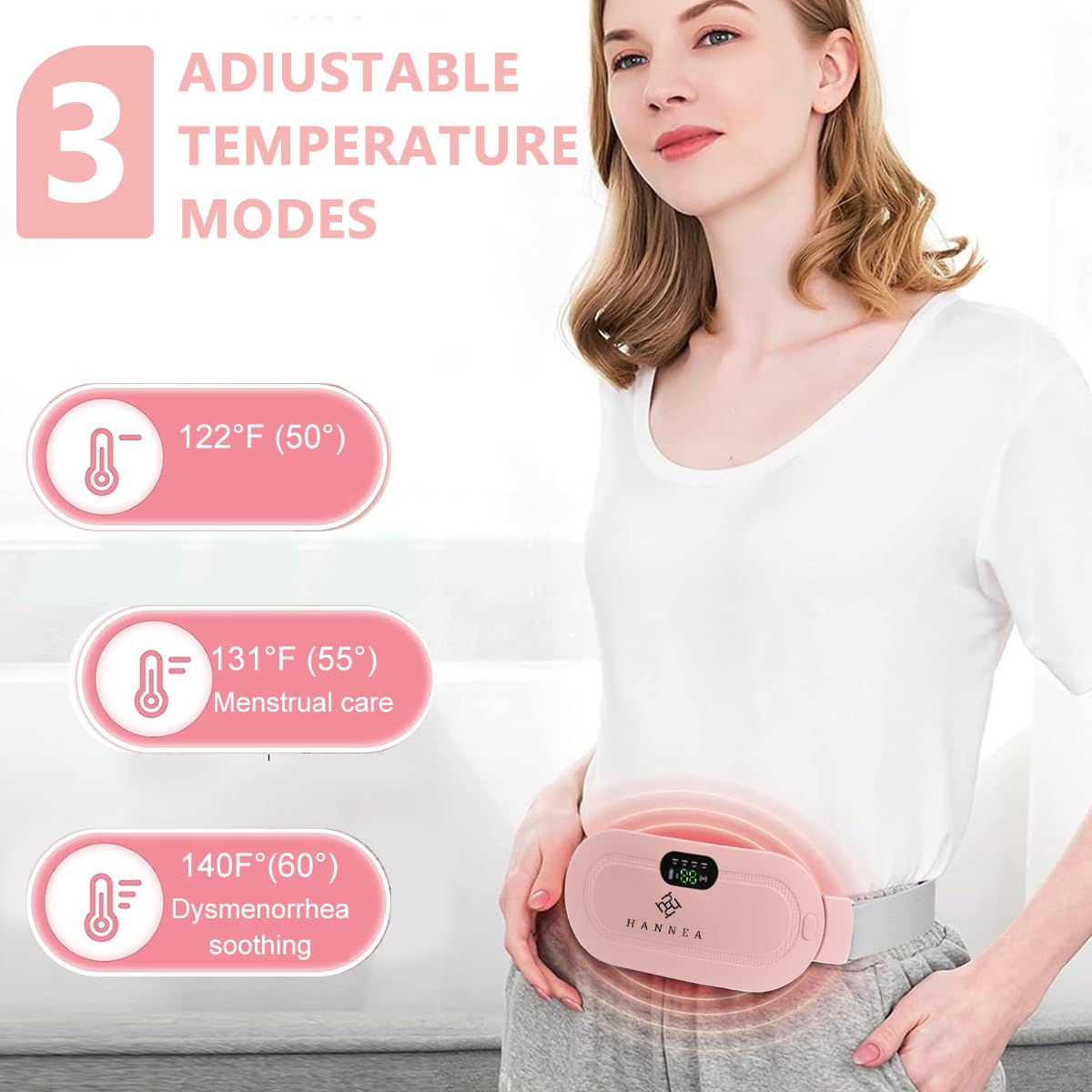 HANNEA Electric Cordless Heating Pad for Period Pain, Cramp Relief, Back Pain in Period, Belly Warmer Heating Pad with 4 Heat Levels 4 Vibration Modes, Caring Gift Heating Pad Belt for Women