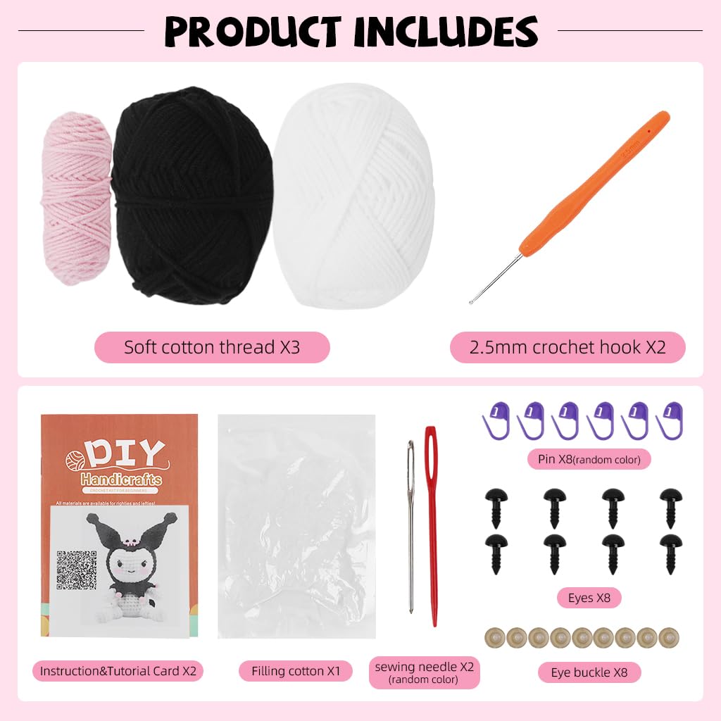 PATPAT DIY Kuromi Stuffed Toy Crochet Material Kit with Yarns and Tools 6.1'' DIY Kawaii Kuromi Stuffed Toy for Beginners DIY Handmade Crochet Cartoon Kuromi Stuffed Toy with Tutorial Video